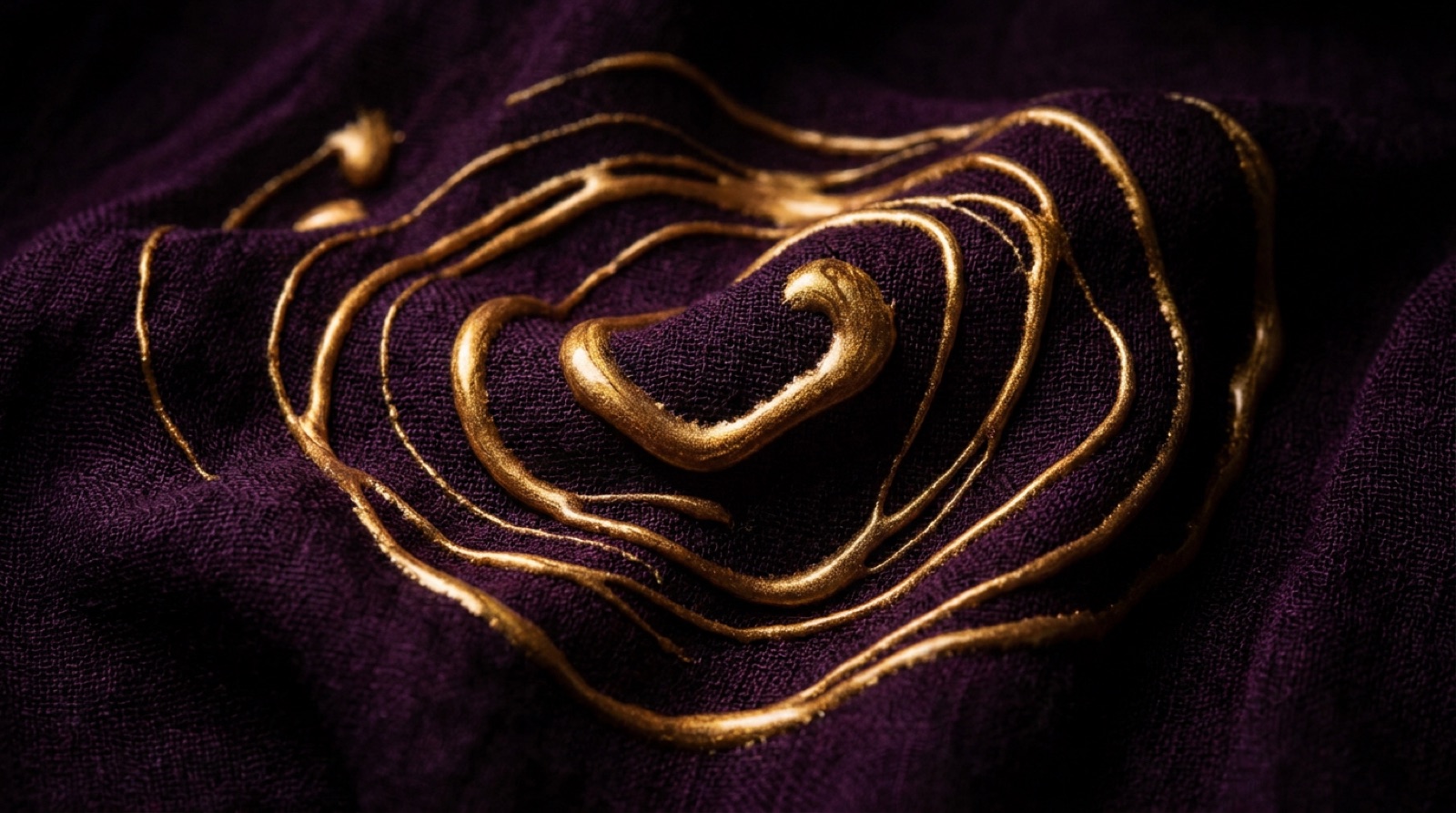 Liquid gold ink ribbons flowing across a deep violet silk surface