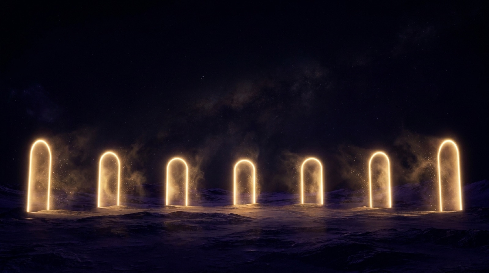 Concentric doorways of warm gold light receding into deep violet space