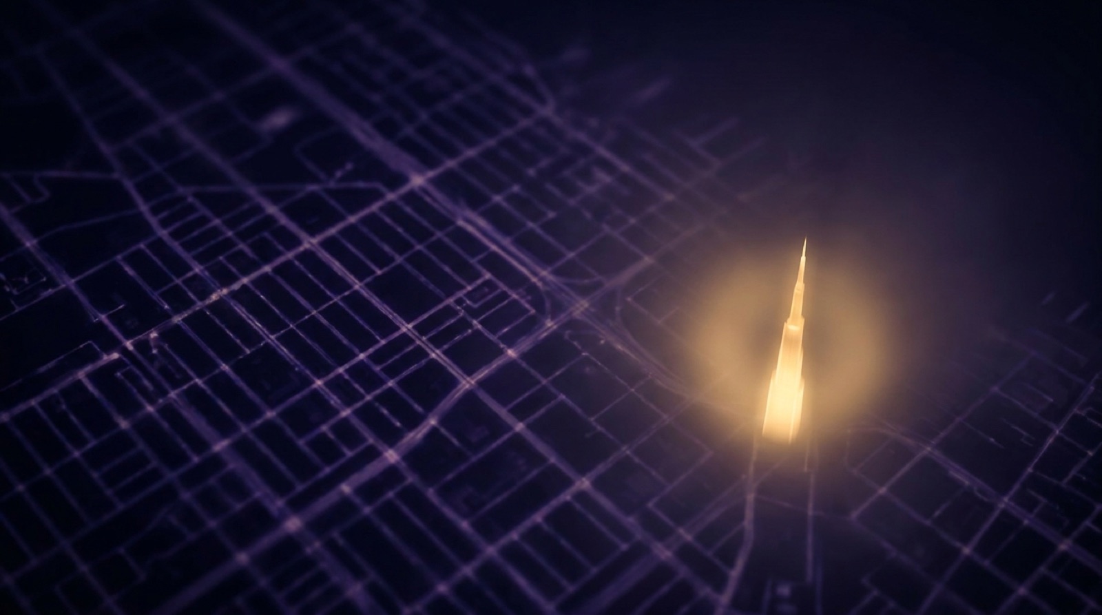 Glowing violet city grid seen from above with a single radiant gold beacon