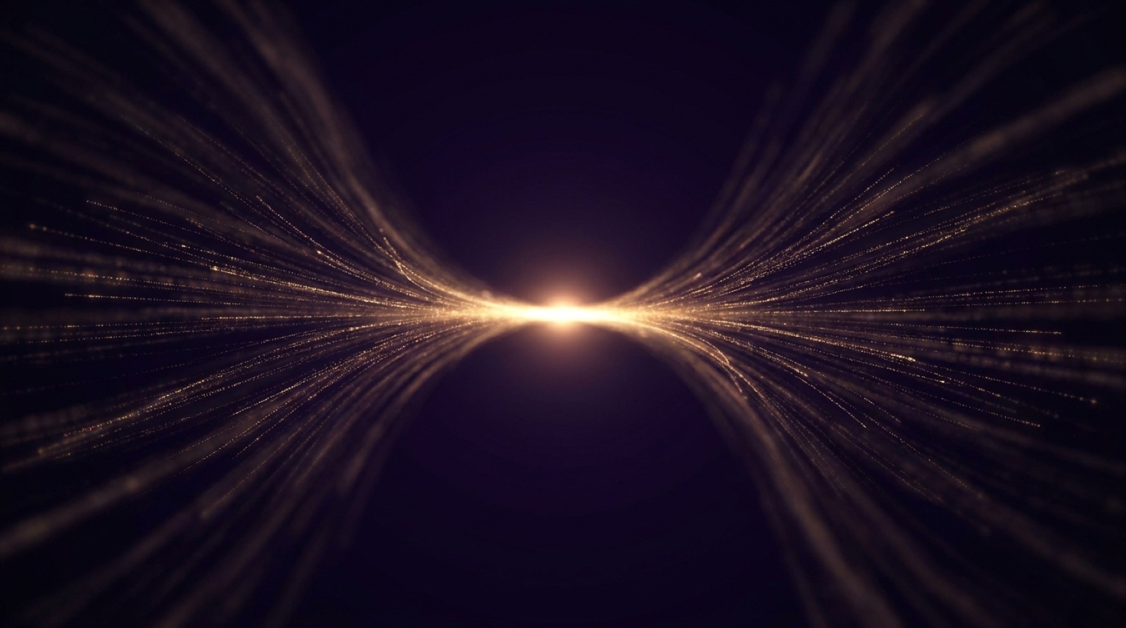 Streams of golden light particles converging into one bright focal point