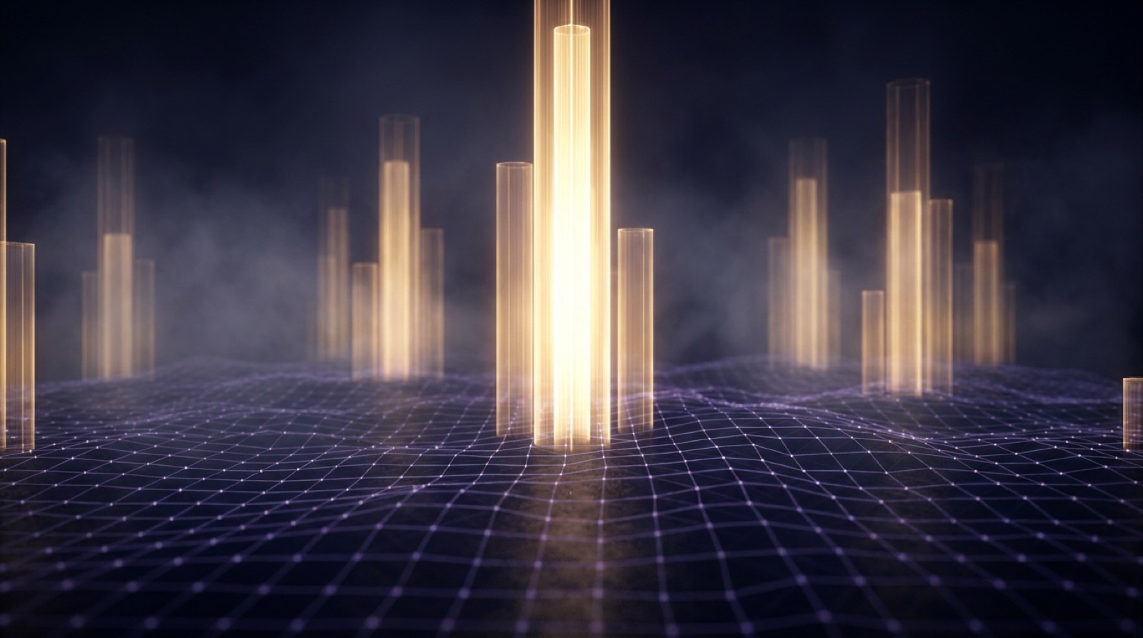 Columns of golden light rising from a dark violet topographic grid